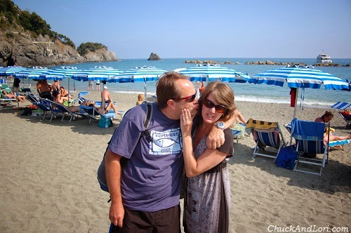 Chuck and Lori on Monterosso beach, Italy