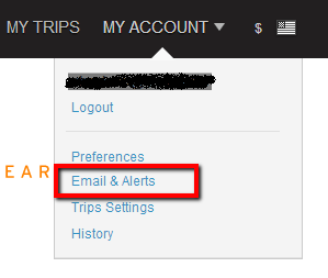 Select Email & Alerts from the Kayak My Account menu