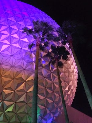 Chuck and Lori's Travel Blog - Spaceship Earth, Nighttime with Palm Trees