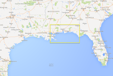 Map of US Coast of Gulf of Mexico and Florida, from Google Maps