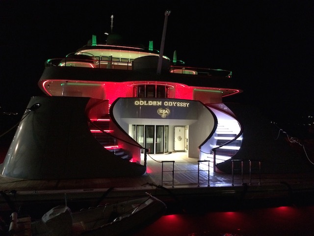 Golden Odyssey Super Yacht, docked in Tivat, Montenegro with Christmas lights
